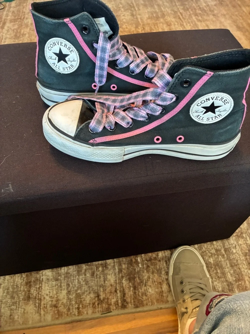 Converse Black High-Top Sneakers with Pink Accents and Pink Plaid Laces - Picture 2 of 4